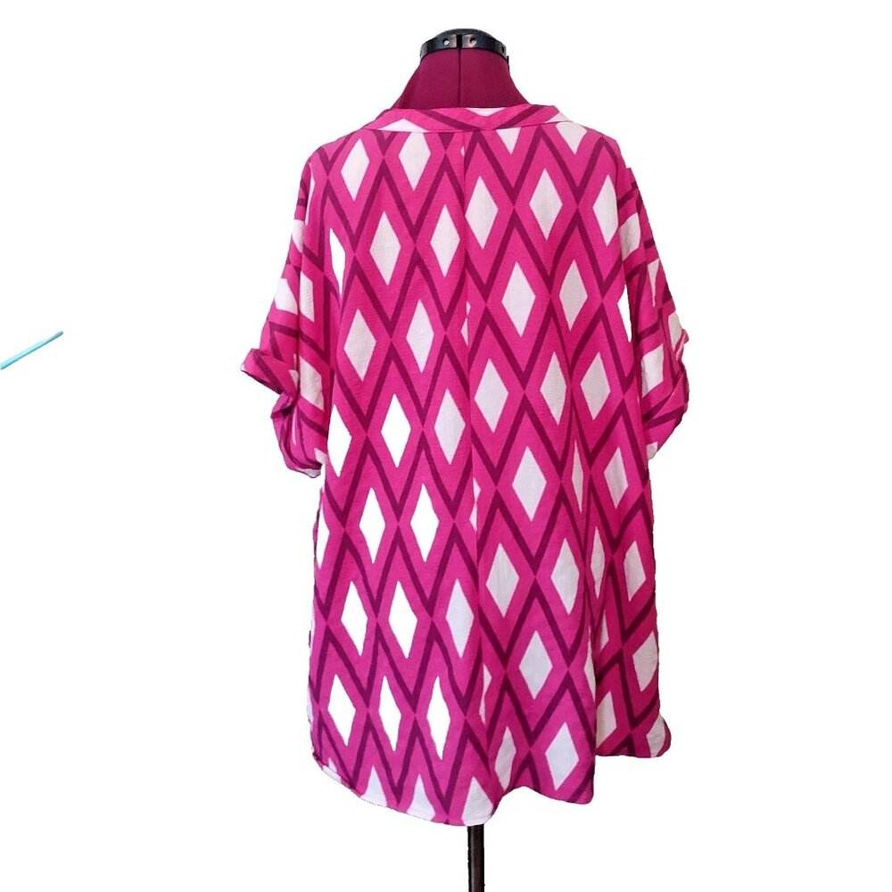 Alex & Parker Blouse 3XL Fuchsia Geo Print Top Women’s Shirt Pockets Plus Size - Picture 2 of 9
